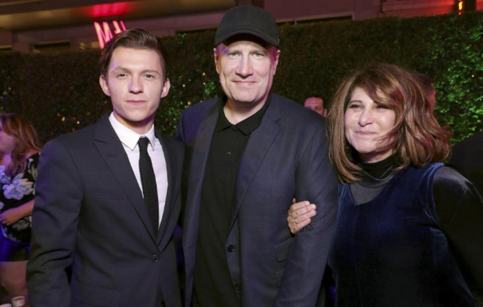 Tom Holland, Kevin Feige en Amy Pascal